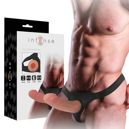 Imbracatura cava INTENSE per coppie con dildo di 16x3 cm, comoda e regolabile, in uso su un modello femminile.