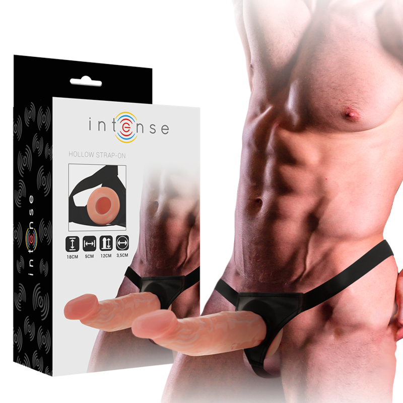 Imbracatura cava INTENSE con dildo da 18x3,5 cm, accessorio per giochi di coppia, in materiali realistici e morbidi.