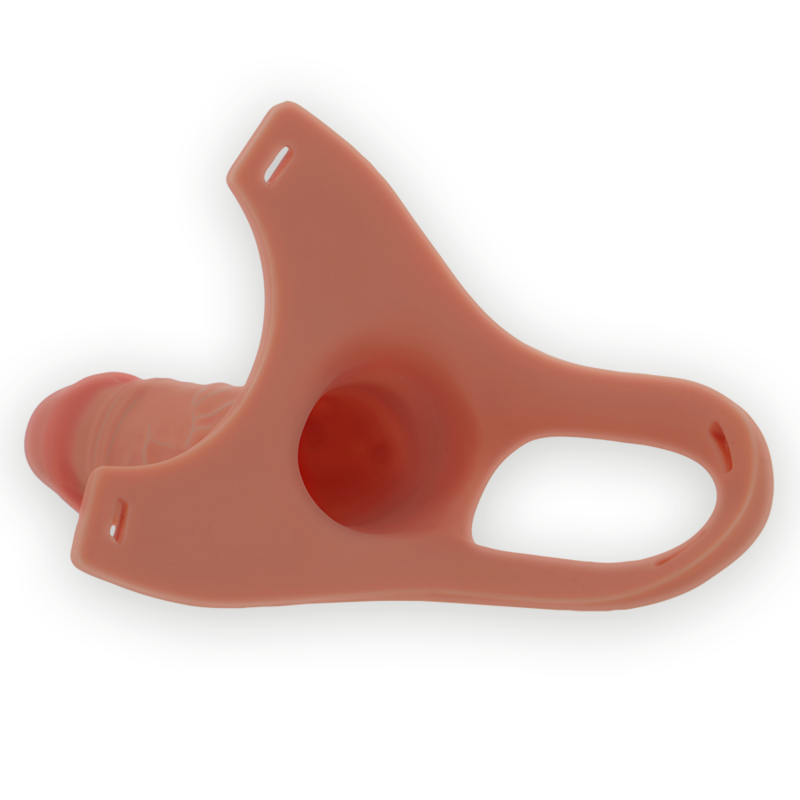 Imbracatura cava INTENSE con dildo in silicone, 16x3,5 cm, per giochi erotici, mostra la struttura e il design del prodotto.