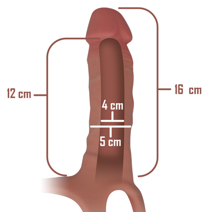 Imbracatura cava INTENSE con dildo in silicone da 16x3,5 cm, accessorio per giochi di coppia, in dettaglio.