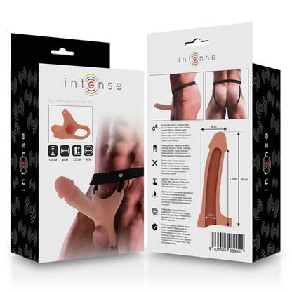 Imbracatura cava INTENSE per coppie con dildo in silicone da 16x3,5 cm, resistente e confortevole, ideale per giochi intimi.