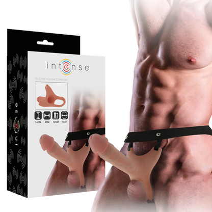 Imbracatura cava INTENSE con dildo in silicone, misura 16 x 3,5 cm, per giochi di coppia, nero, dettagli modellati.