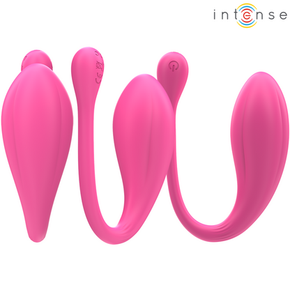 Vibratore doppia stimolazione rosa INTENSE Janice U con telecomando e 10 modalità di vibrazione, prodotto per coppie.