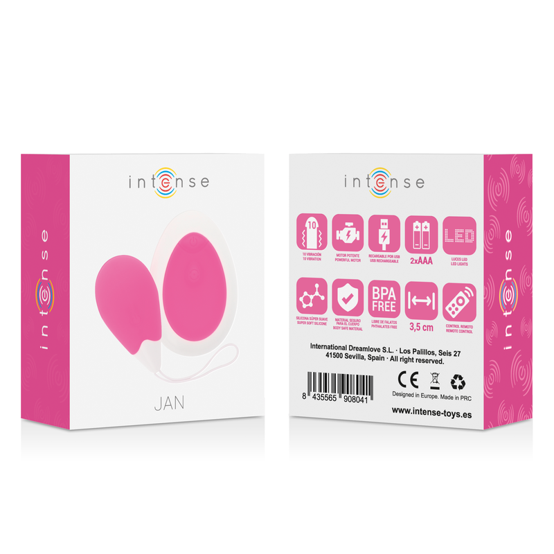 Telecomando vibratore Jan Egg rosa di INTENSE COUPLES TOYS, dispositivo compatto con pulsanti di controllo visibili nell'immagine.