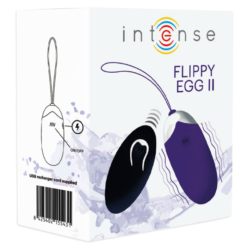 Uovo vibrante Flippy II viola di INTENSE COUPLES TOYS, con telecomando, in uso su superficie liscia, dettagli colorati e design ergonomico
