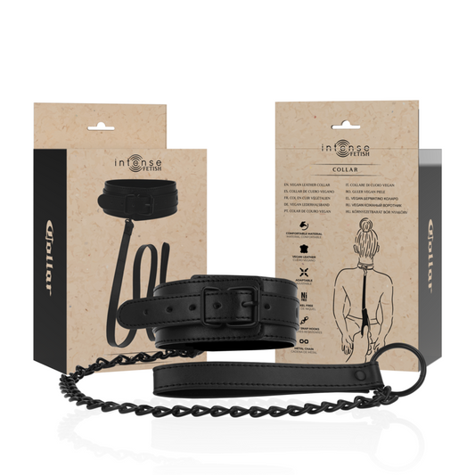 Collare fetish in pelle vegana di INTENSE FETISH, con cinturino regolabile e dettagli in metallo, ideale per bondage e giochi di ruolo.