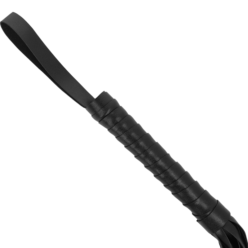 Flogger Fetish INTENSE in pelle vegana, con manico e frustata a frange, ideale per giochi di ruolo e BDSM in pelle sintetica.