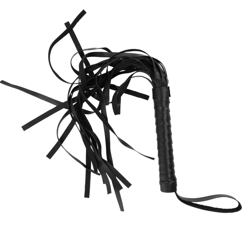Flogger fetish INTENSE in pelle vegana con manico resistente, utilizzato per giochi di ruolo e pratiche BDSM.