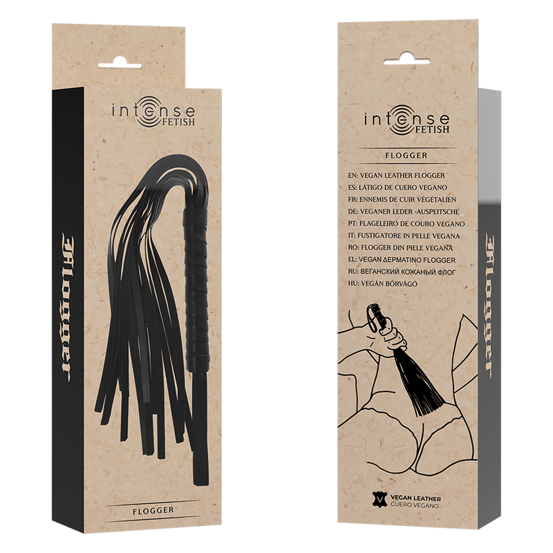 Frusta fetish INTENSE in pelle vegana con manico resistente, ideale per giochi di ruolo e pratiche BDSM.