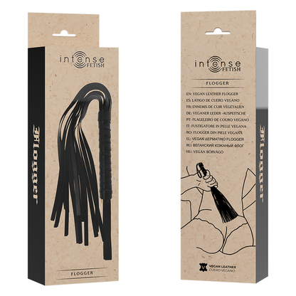 Frusta fetish INTENSE in pelle vegana con manico resistente, ideale per giochi di ruolo e pratiche BDSM.