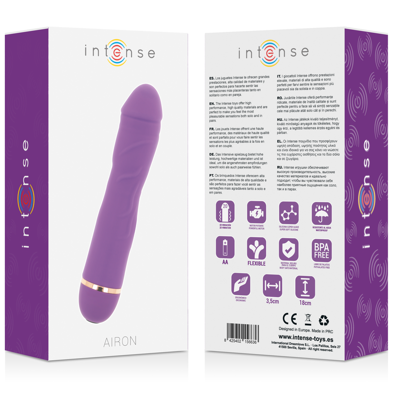 Silicone lilla INTENSE AIRON 20 VELOCIT di INTENSE FUN, tubo flessibile e dettagli del prodotto in plastica e silicone.
