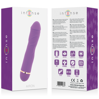 Silicone lilla INTENSE AIRON 20 VELOCIT di INTENSE FUN, tubo flessibile e dettagli del prodotto in plastica e silicone.