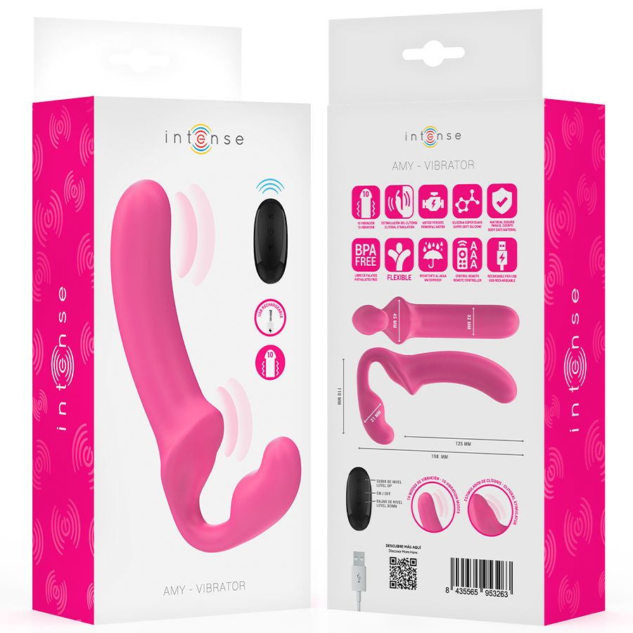 Vibratore doppio rosa INTENSE FUN Amy di 20 cm con telecomando, design ergonomico e dettagli morbidi per il piacere.