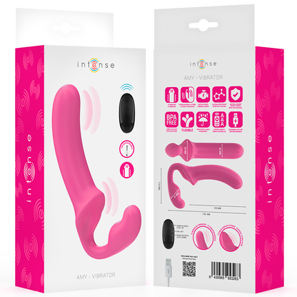 Vibratore doppio rosa INTENSE FUN Amy di 20 cm con telecomando, design ergonomico e dettagli morbidi per il piacere.