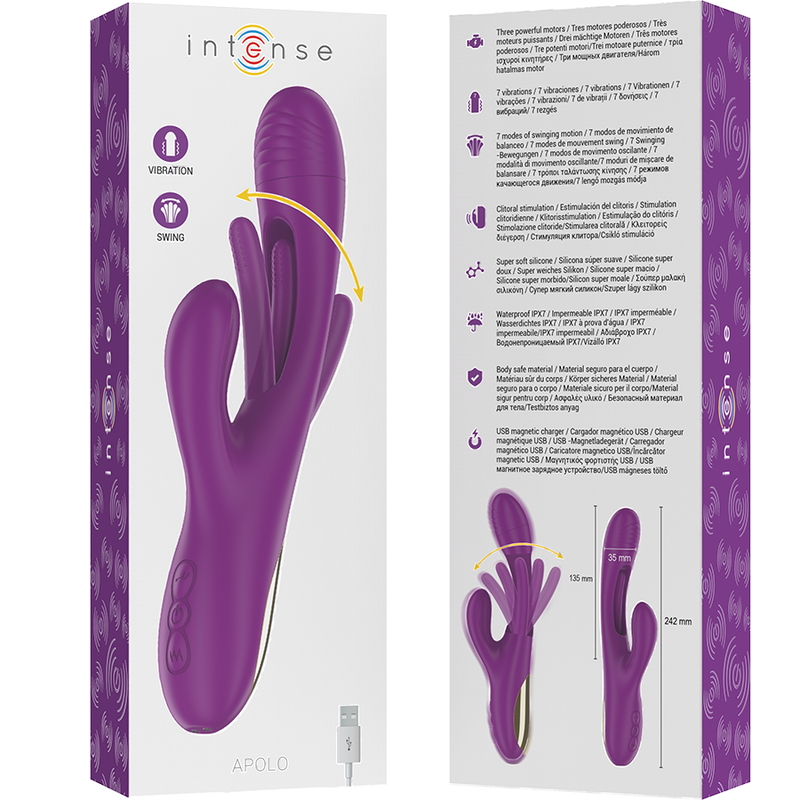 Vibratore multifunzione INTENSE APOLO viola con 7 vibrazioni e lingua oscillante, ricaricabile, in dettaglio.