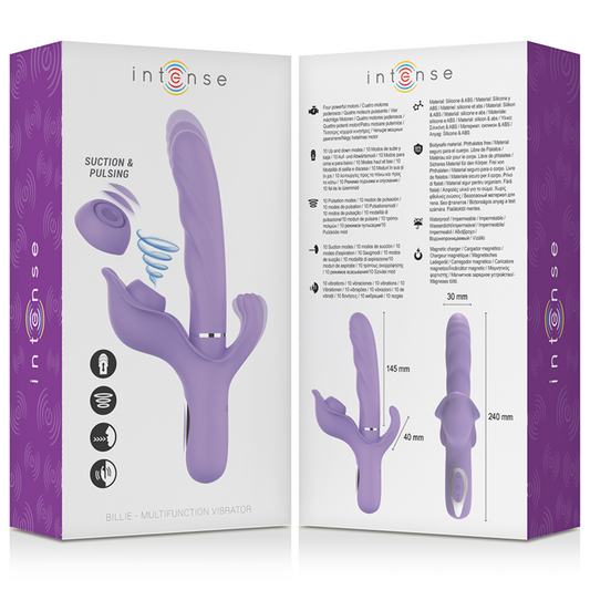 Vibratore multifunzionale ricaricabile INTENSE Billie viola con pulsante, design ergonomico e superficie liscia, immagine frontale