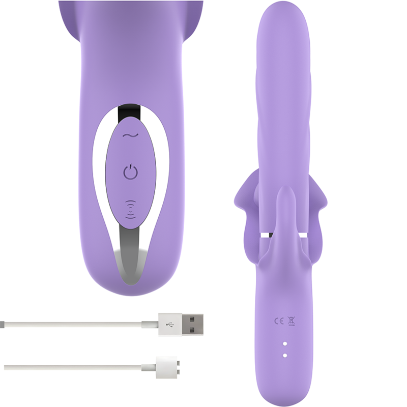 Vibratore multifunzionale ricaricabile INTENSE Billie con succhio e pulsante, colore viola, immagine del prodotto su sfondo neutro.