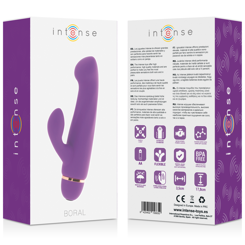 Silicone viola INTENSE Boral 20 Velocit, prodotto INTENSE FUN, mostrato in un contenitore con etichetta e tubo applicatore