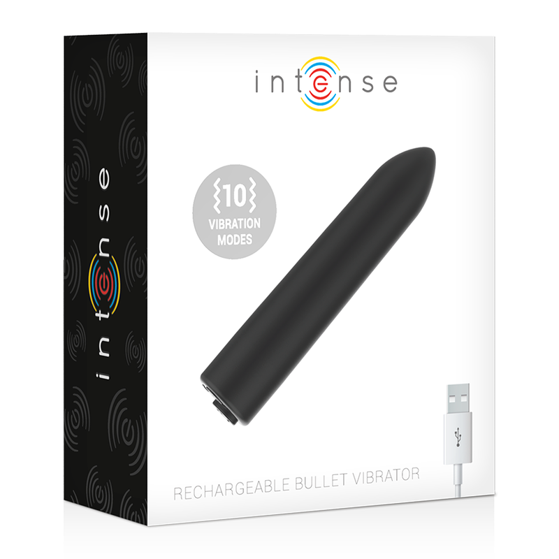 Bullet vibrator INTENSE FUN con 10 modelli, oggetto in silicone nero, dettagli e pulsanti di controllo visibili.