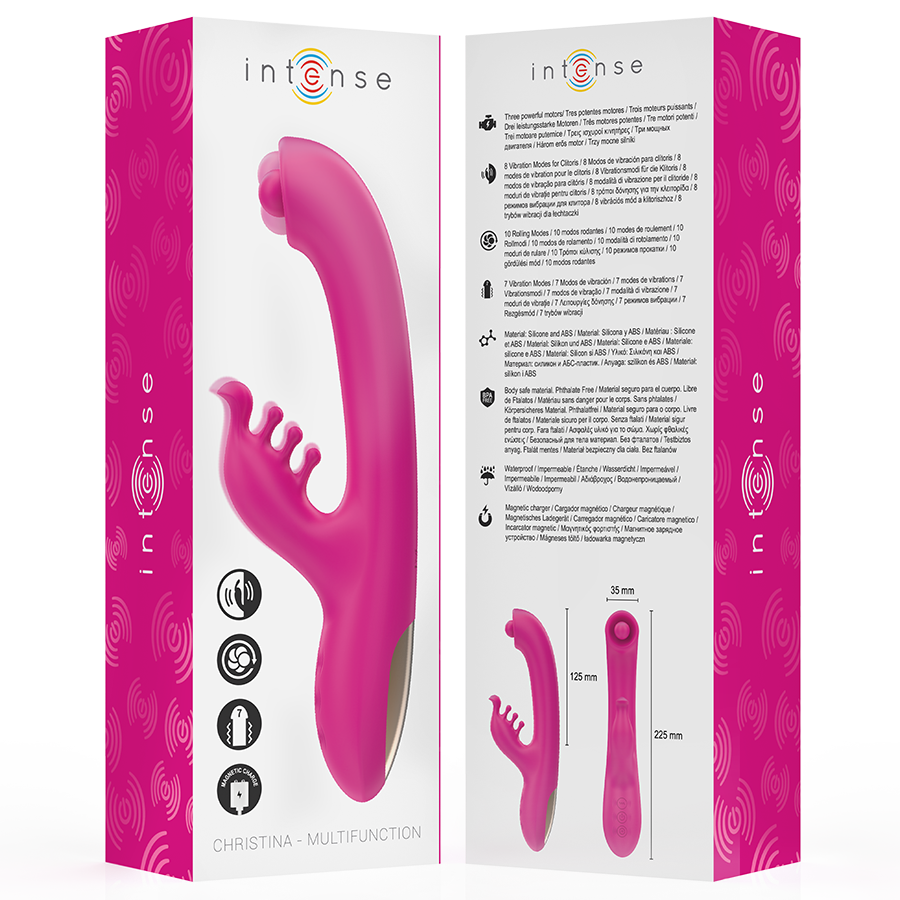 Vibratore multifunzione Christina Intense Fun, rabbit rosa da 22,5 cm, con dettagli realistici e design ergonomico.