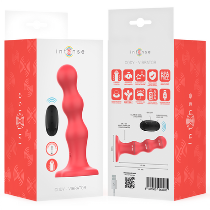 Vibratore con ventosa e telecomando rosso INTENSE FUN Cody, design ergonomico e materiale morbido, ideale per giochi intimi.