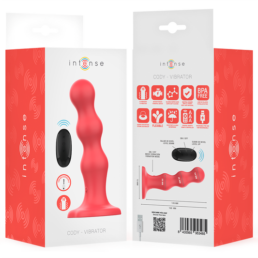 Vibratore con ventosa e telecomando rosso INTENSE FUN Cody, design ergonomico e materiale morbido, ideale per giochi intimi.