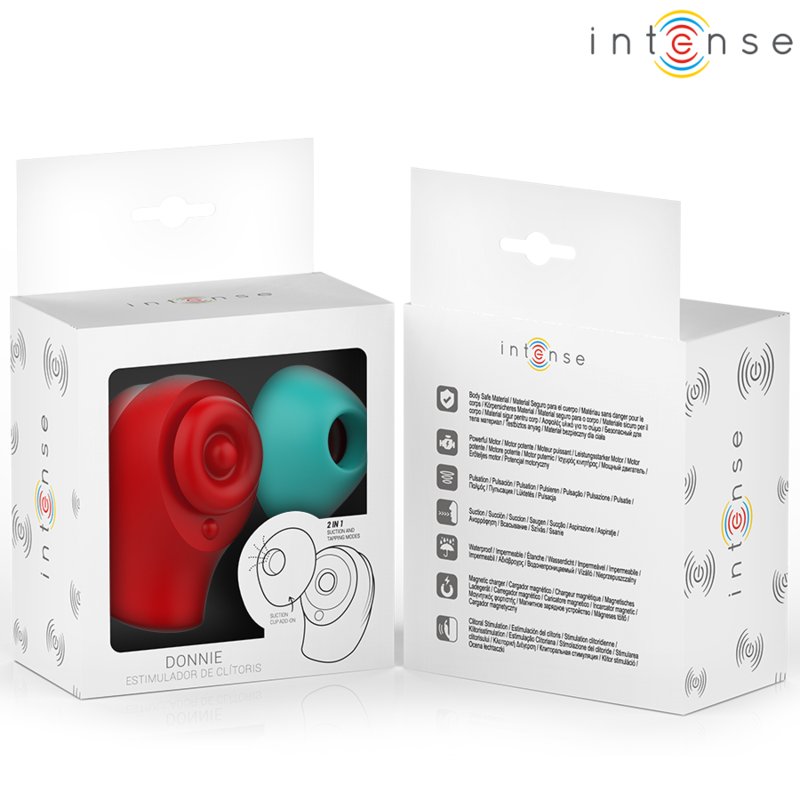 Stimolatore clitorideo INTENSE Donnie di INTENSE FUN, rosso e verde, con design ergonomico e texture dettagliata.