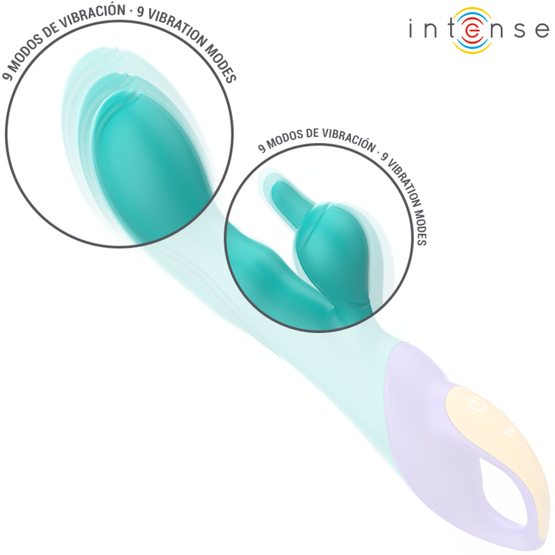 Vibratore rabbit blu INTENSE FUN Fred, stimolatore potente con design ergonomico e dettagli realistici.