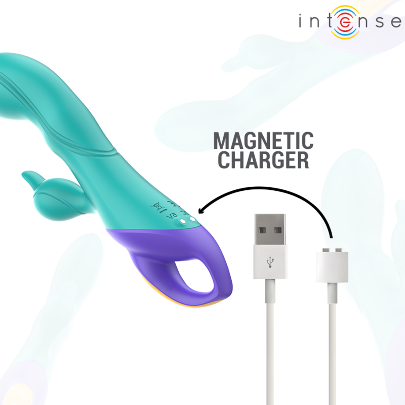 Vibratore rabbit blu INTENSE FUN, design ergonomico e dettagli realistici, ideale per stimolazione doppia, vista dall'immagine.