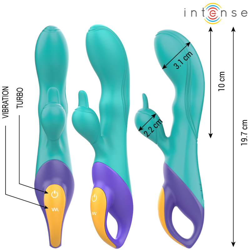 Vibratore rabbit blu INTENSE FUN, design ergonomico con stimolazione duale, per piacere e relax.