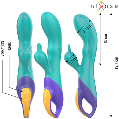 Vibratore rabbit blu INTENSE FUN, design ergonomico con stimolazione duale, per piacere e relax.