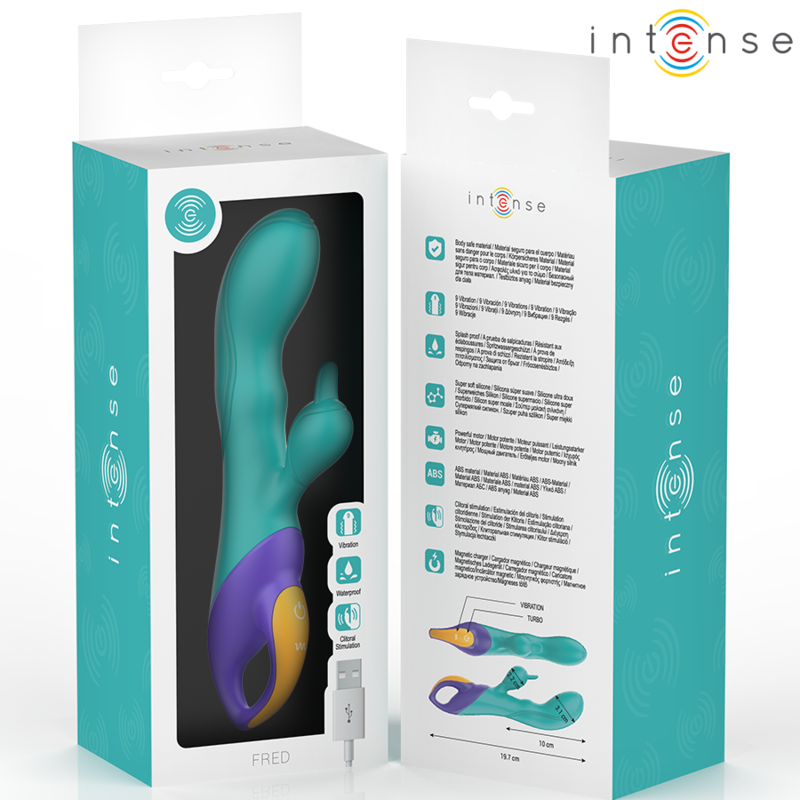 Vibratore rabbit blu INTENSE FUN, design ergonomico e stimolante, con doppia stimolazione per piacere intenso.