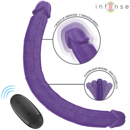 Dildo doppio viola INTENSE GUNTER con telecomando, lunghezza 40 cm, vibratore potente e design realistico.