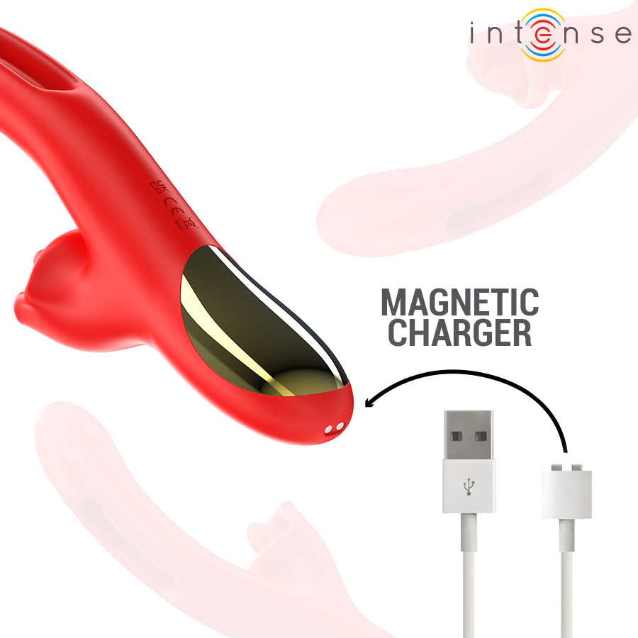 Vibratore multifunzione rosso INTENSE Jessica di 24,8 cm, stimolazione clitoride, design ergonomico e dettagli visibili.
