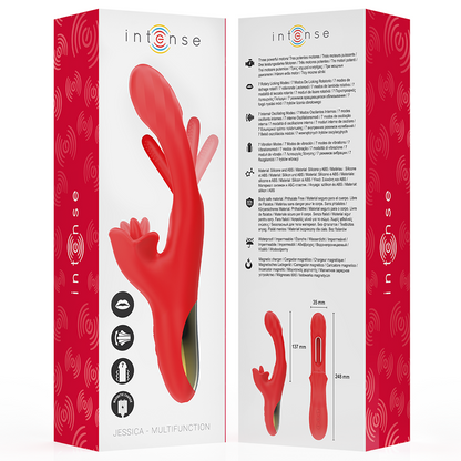 Vibratore Jessica multifunzione di INTENSE FUN, stimolazione clitoride, 24,8 cm, colore rosso, design ergonomico e dettagliato
