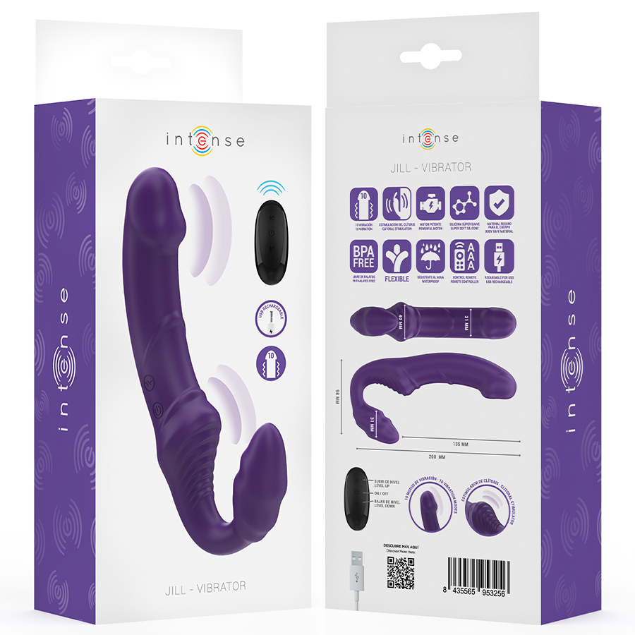 Vibratore doppio INTENSE Jill di 20 cm colore viola con telecomando, design ergonomico e materiale morbido e sicuro.