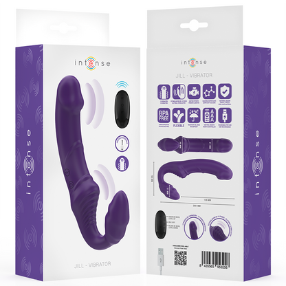 Vibratore doppio INTENSE Jill di 20 cm colore viola con telecomando, design ergonomico e materiale morbido e sicuro.