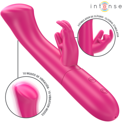 Vibratore coniglio rosa INTENSE Juieta di INTENSE FUN, 18,6 cm con 10 modalità di vibrazione, dettagli visivi del prodotto