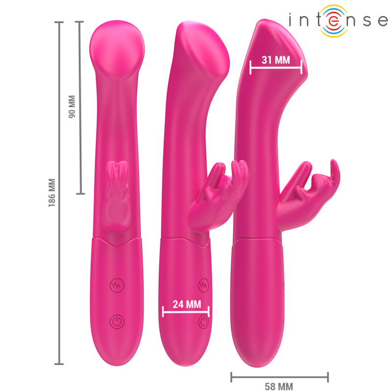Vibratore coniglio rosa INTENSE Julieta, 18,6 cm, 10 modalità di vibrazione, design elegante e dettagli realistici.