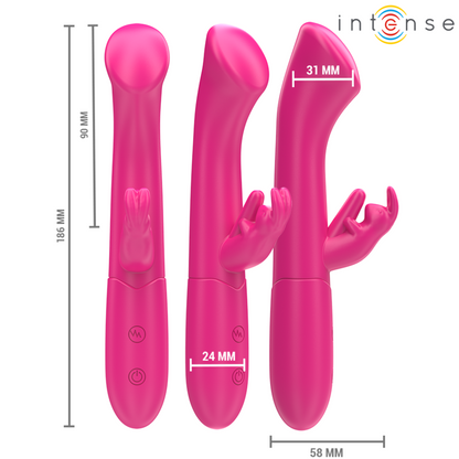 Vibratore coniglio rosa INTENSE Julieta, 18,6 cm, 10 modalità di vibrazione, design elegante e dettagli realistici.
