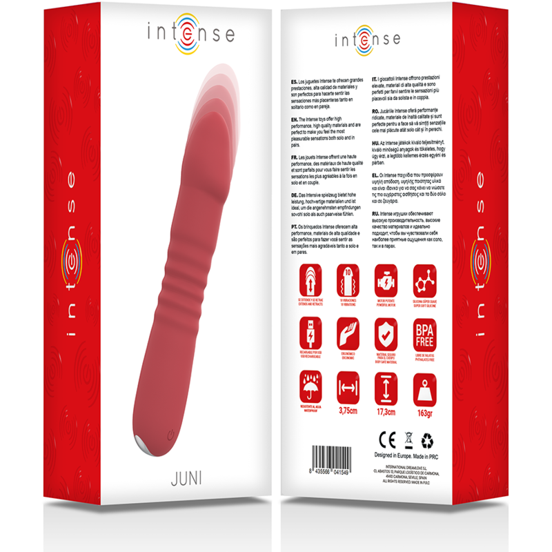 Vibratore rosa INTENSE JUNI UP & DOWN con 10 modalità di vibrazione, marchio INTENSE FUN, in uso su superficie liscia.