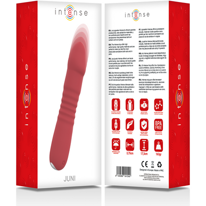 Vibratore rosa INTENSE JUNI UP & DOWN con 10 modalità di vibrazione, marchio INTENSE FUN, in uso su superficie liscia.