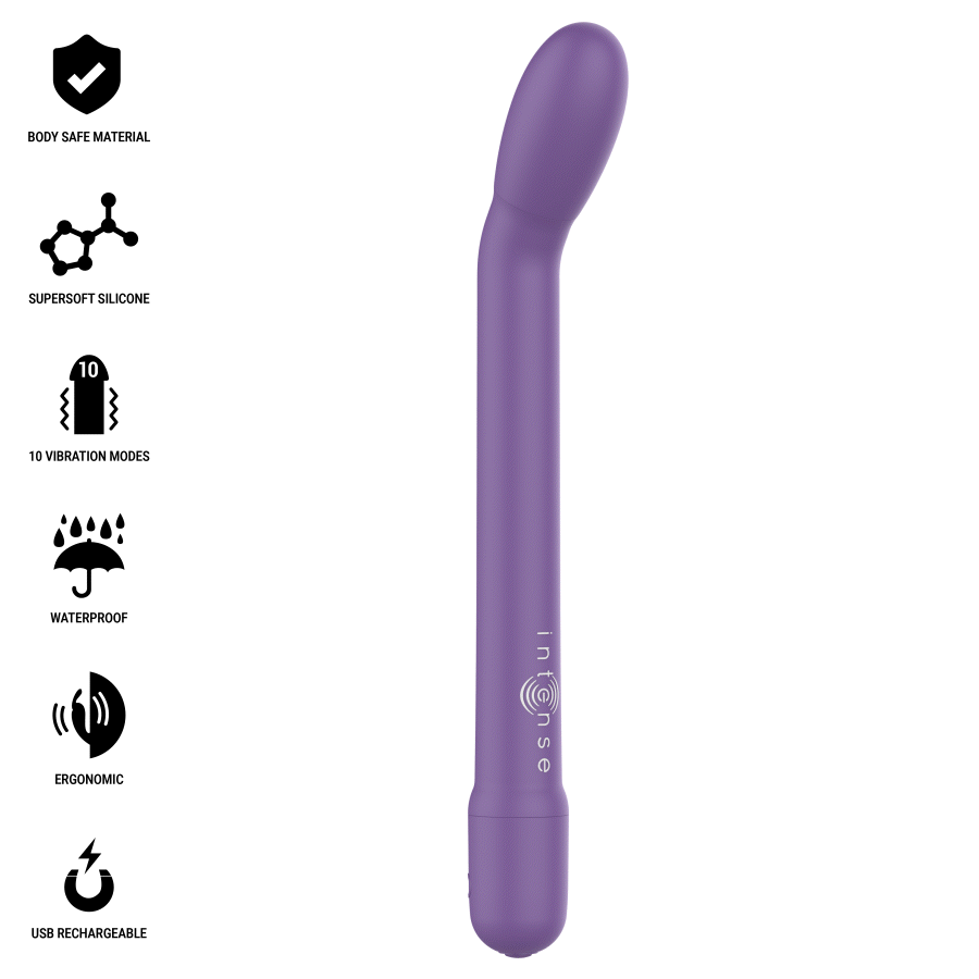 Stimolatore Punto G ricaricabile INTENSE Karlie viola, dispositivo vibrante e versatile per il piacere, marchio INTENSE FUN.