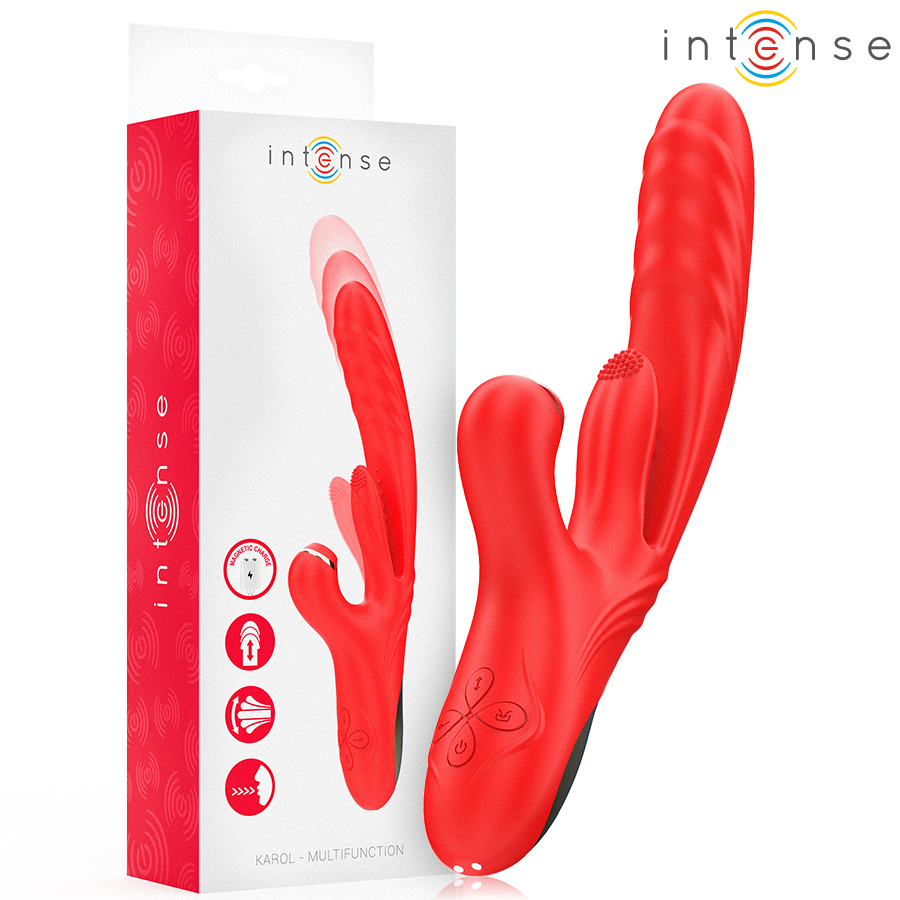 Vibratore multifunzione rosso INTENSE FUN KAROL con stimolazione, onde e spinta, visibile in dettaglio in immagine.