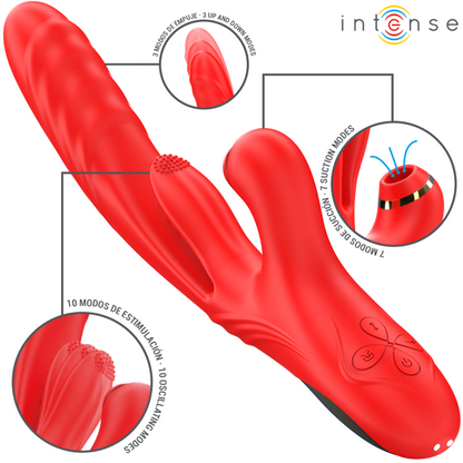 Vibratore multifunzione rosso INTENSE FUN KAROL, stimolazione, onde e spinta, immagini del prodotto in dettaglio