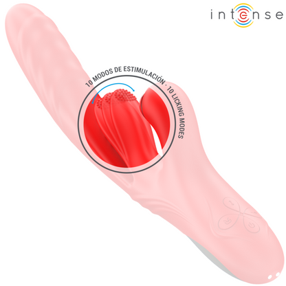 Vibratore multifunzione rosso INTENSE FUN Karol, stimolazione, onde e spinte, visibile in dettaglio in immagine.