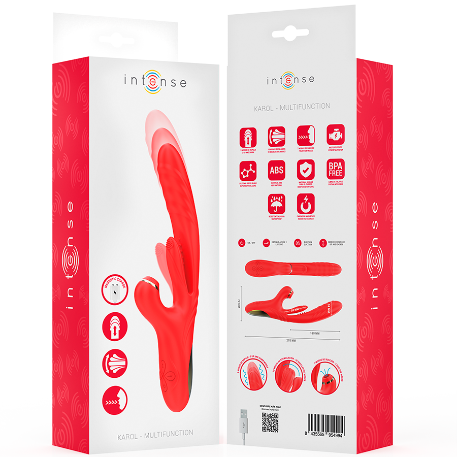 Vibratore multifunzione rosso INTENSE FUN KAROL con stimolazione e onde, ideale per piacere e relax.