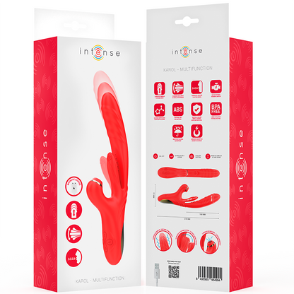 Vibratore multifunzione rosso INTENSE FUN KAROL con stimolazione e onde, ideale per piacere e relax.