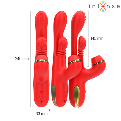 Stimolatore clitorideo INTENSE Katy con 4 testine intercambiabili, design rosso, prodotto multifunzione per il piacere femminile.