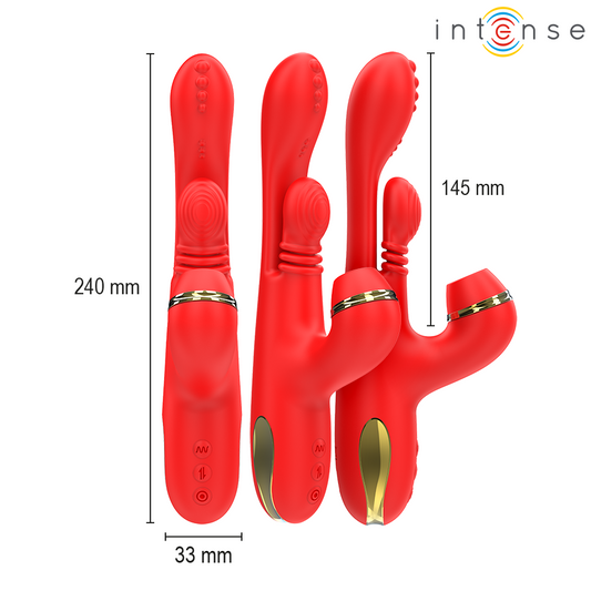 Stimolatore clitorideo INTENSE Katy con 4 testine intercambiabili, design rosso, prodotto multifunzione per il piacere femminile.